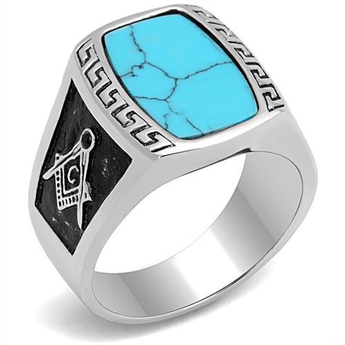 High polished (no plating) Stainless Steel Ring with Synthetic Turquoise in Sea Blue