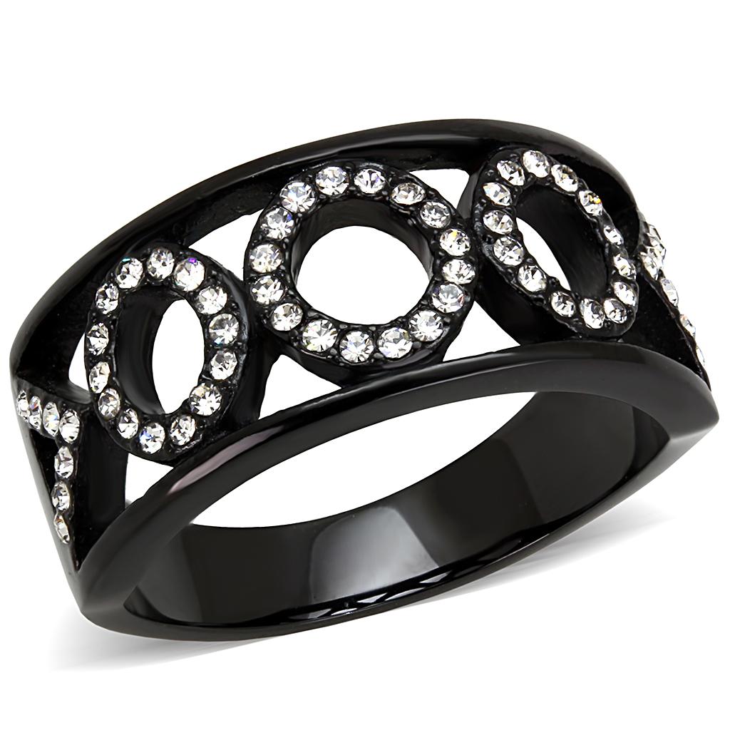 IP Black(Ion Plating) Stainless Steel Ring with Top Grade Crystal  in Clear