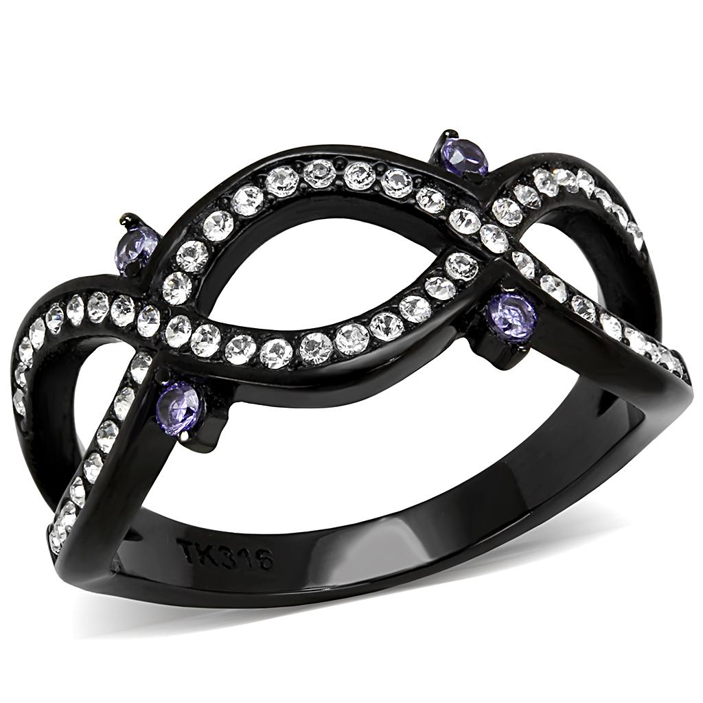 IP Black(Ion Plating) Stainless Steel Ring with AAA Grade CZ  in Amethyst