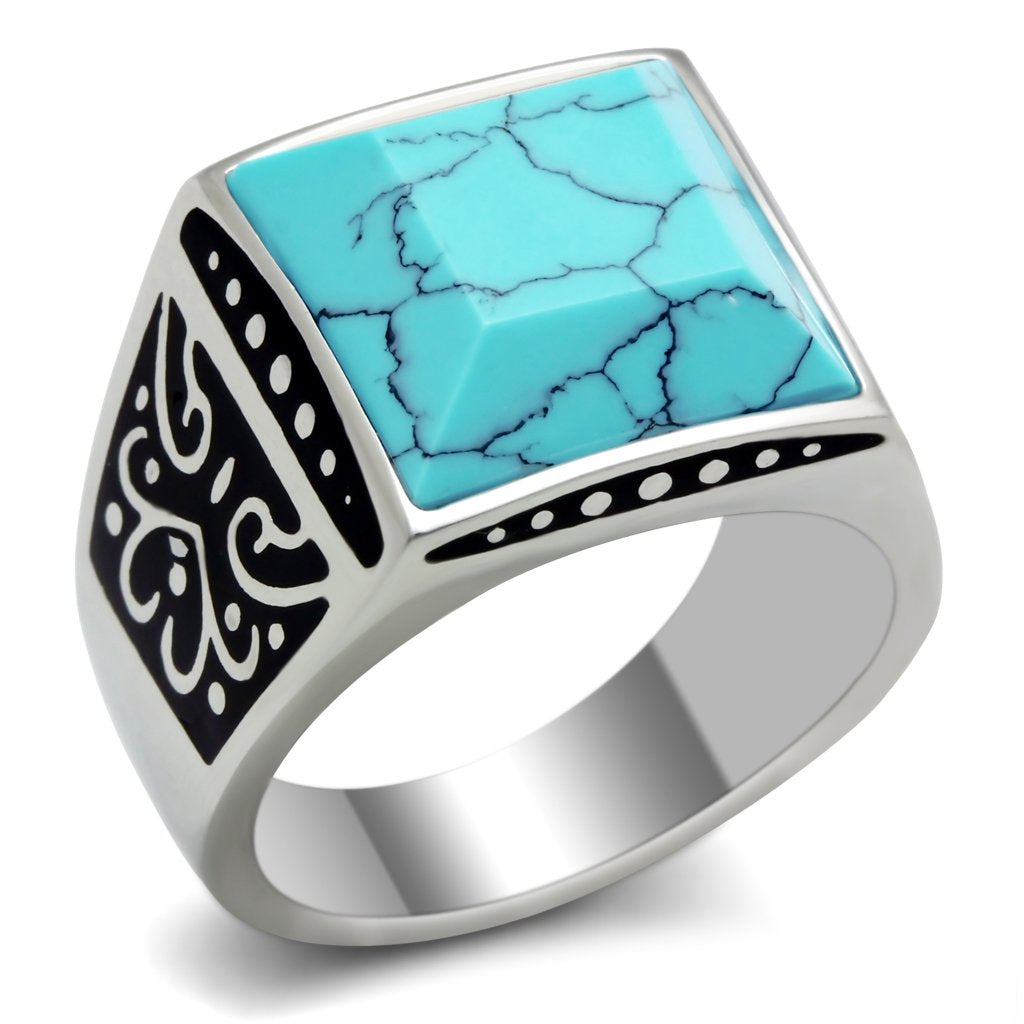 High polished (no plating) Stainless Steel Ring with Synthetic Turquoise in Sea Blue