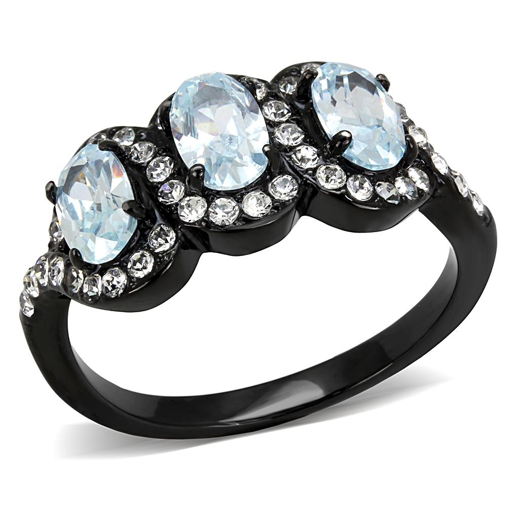 IP Black(Ion Plating) Stainless Steel Ring with AAA Grade CZ  in Sea Blue