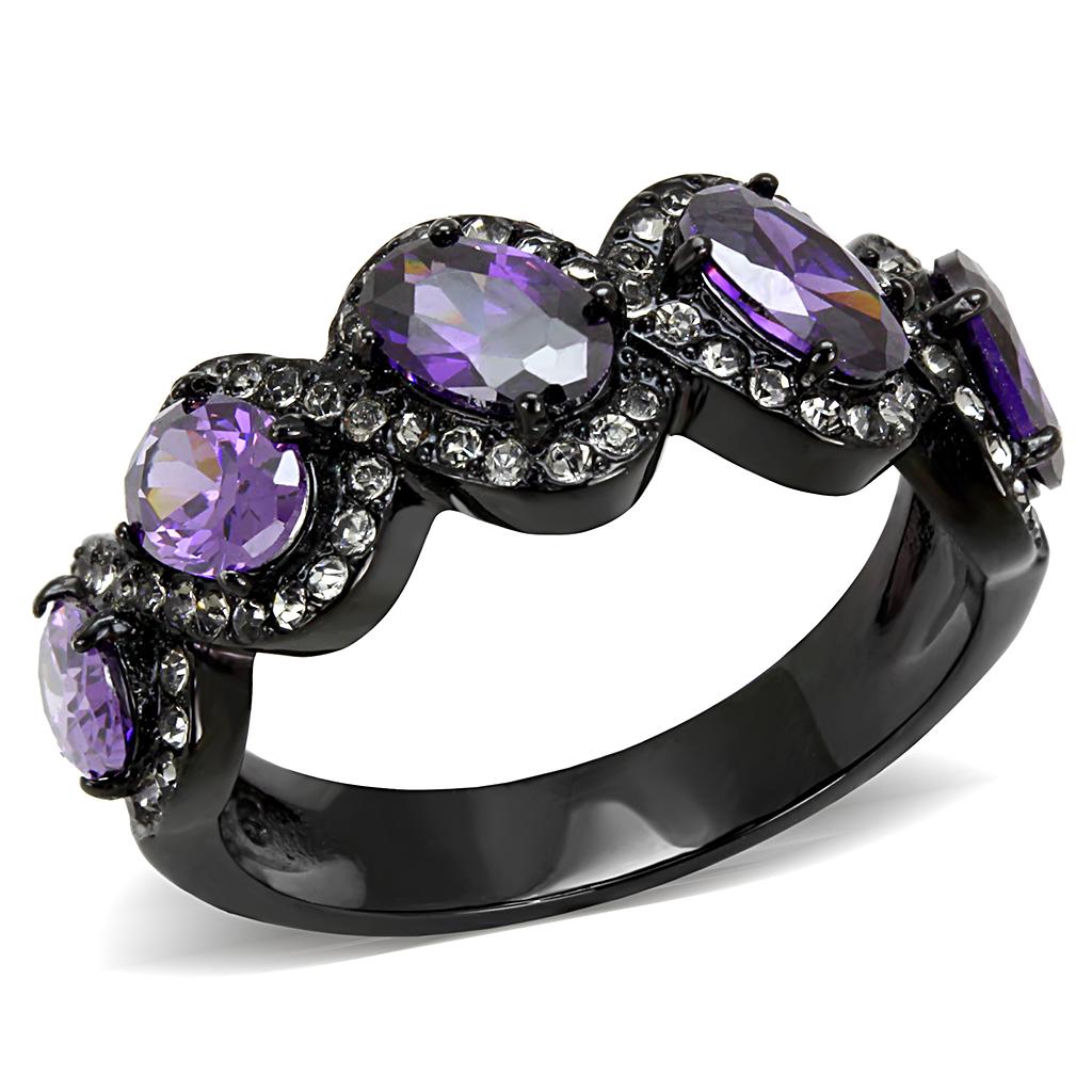 IP Black(Ion Plating) Stainless Steel Ring with AAA Grade CZ  in Amethyst