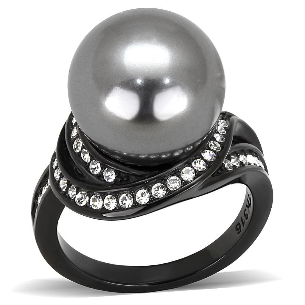 IP Black(Ion Plating) Stainless Steel Ring with Synthetic Pearl in Gray