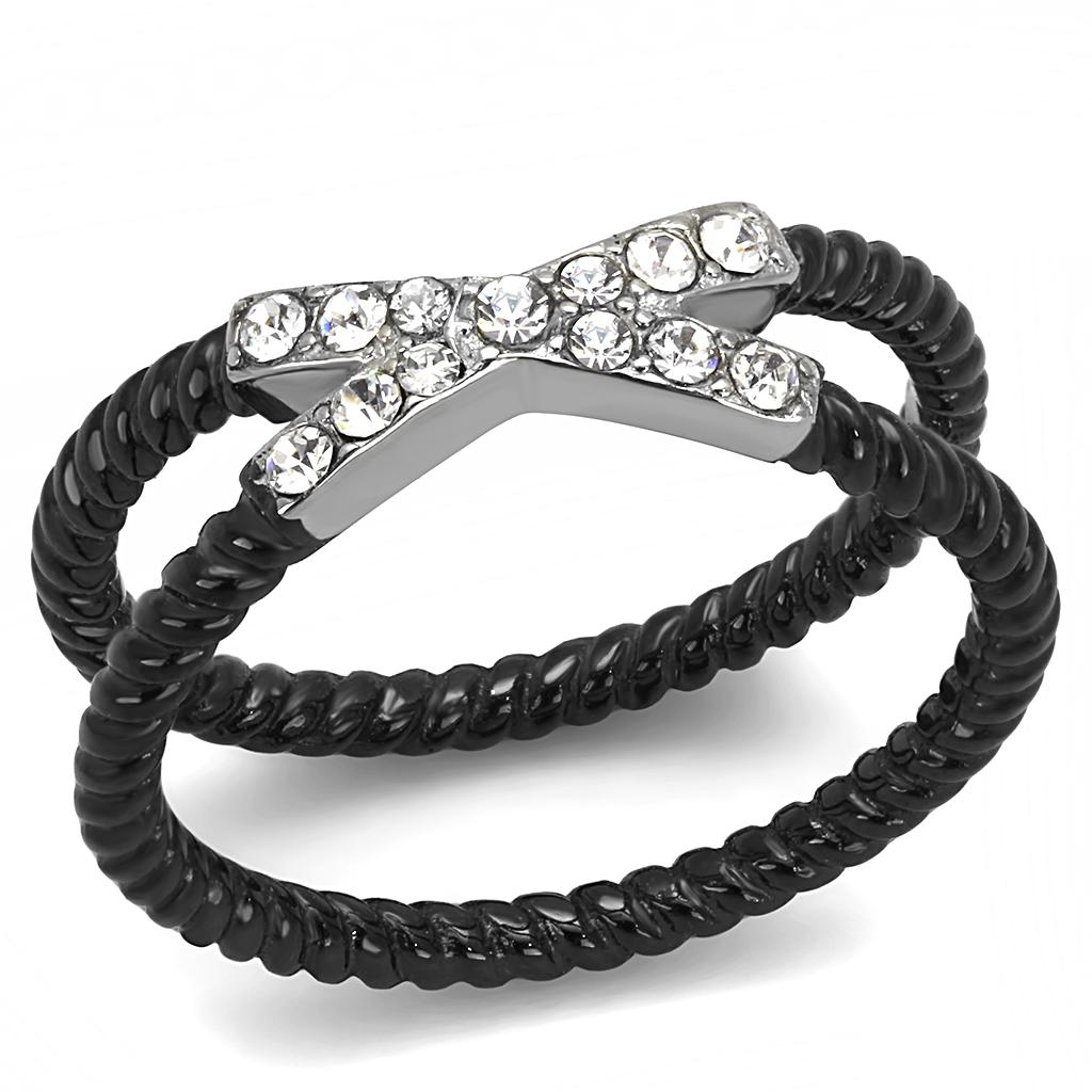 Two-Tone IP Black (Ion Plating) Stainless Steel Ring with Top Grade Crystal  in Clear