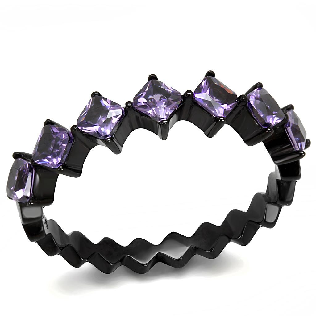IP Black(Ion Plating) Stainless Steel Ring with AAA Grade CZ  in Amethyst