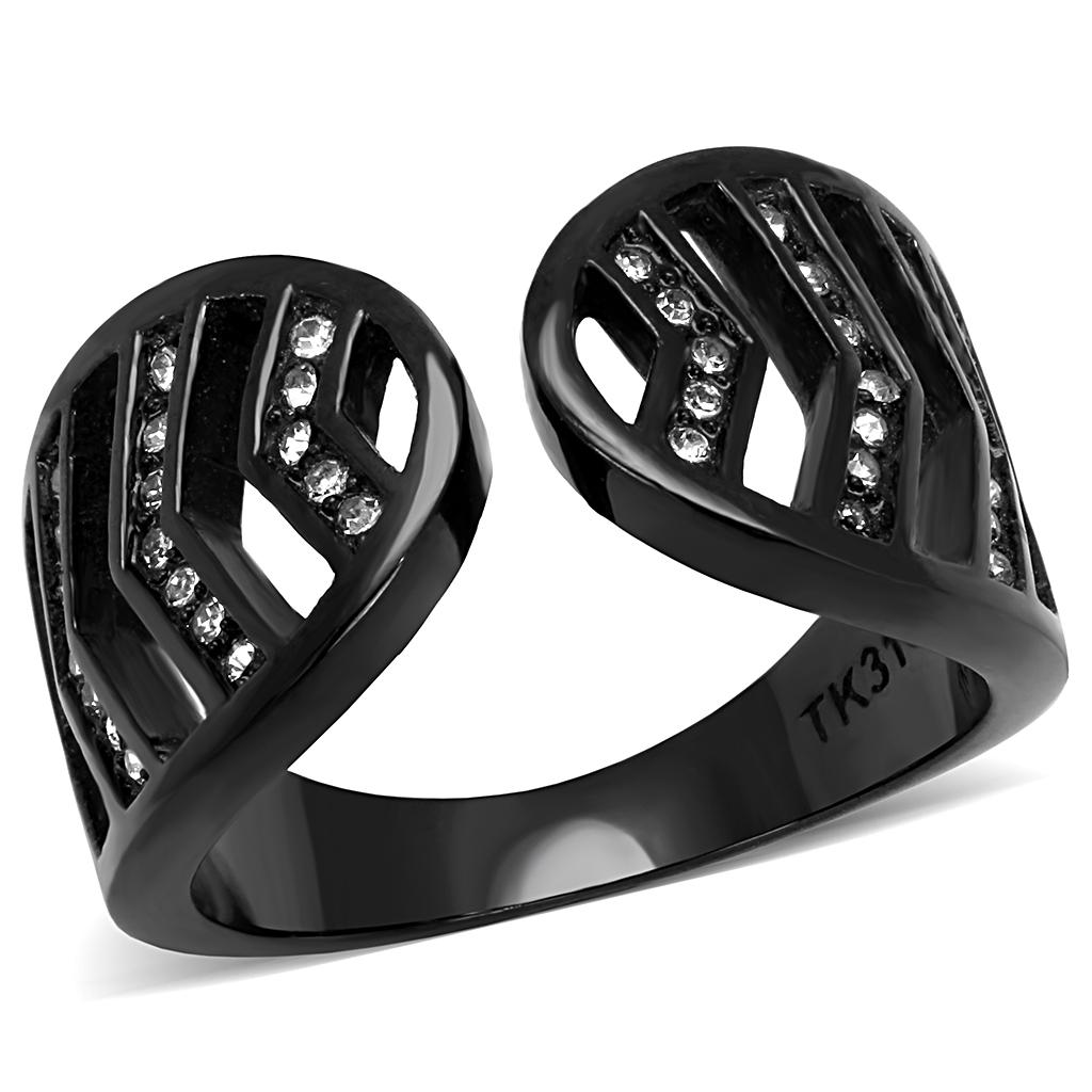 IP Black(Ion Plating) Stainless Steel Ring with Top Grade Crystal  in Clear