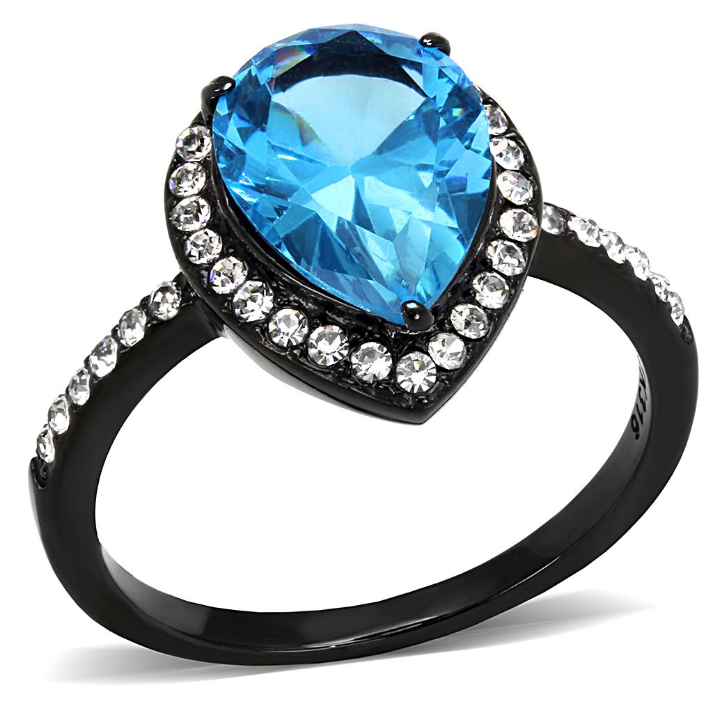 IP Black(Ion Plating) Stainless Steel Ring with Synthetic Synthetic Glass in Sea Blue
