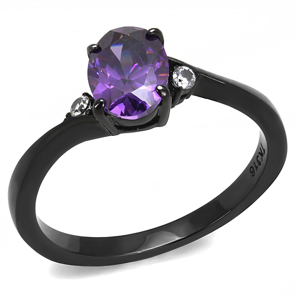 IP Black(Ion Plating) Stainless Steel Ring with AAA Grade CZ  in Amethyst