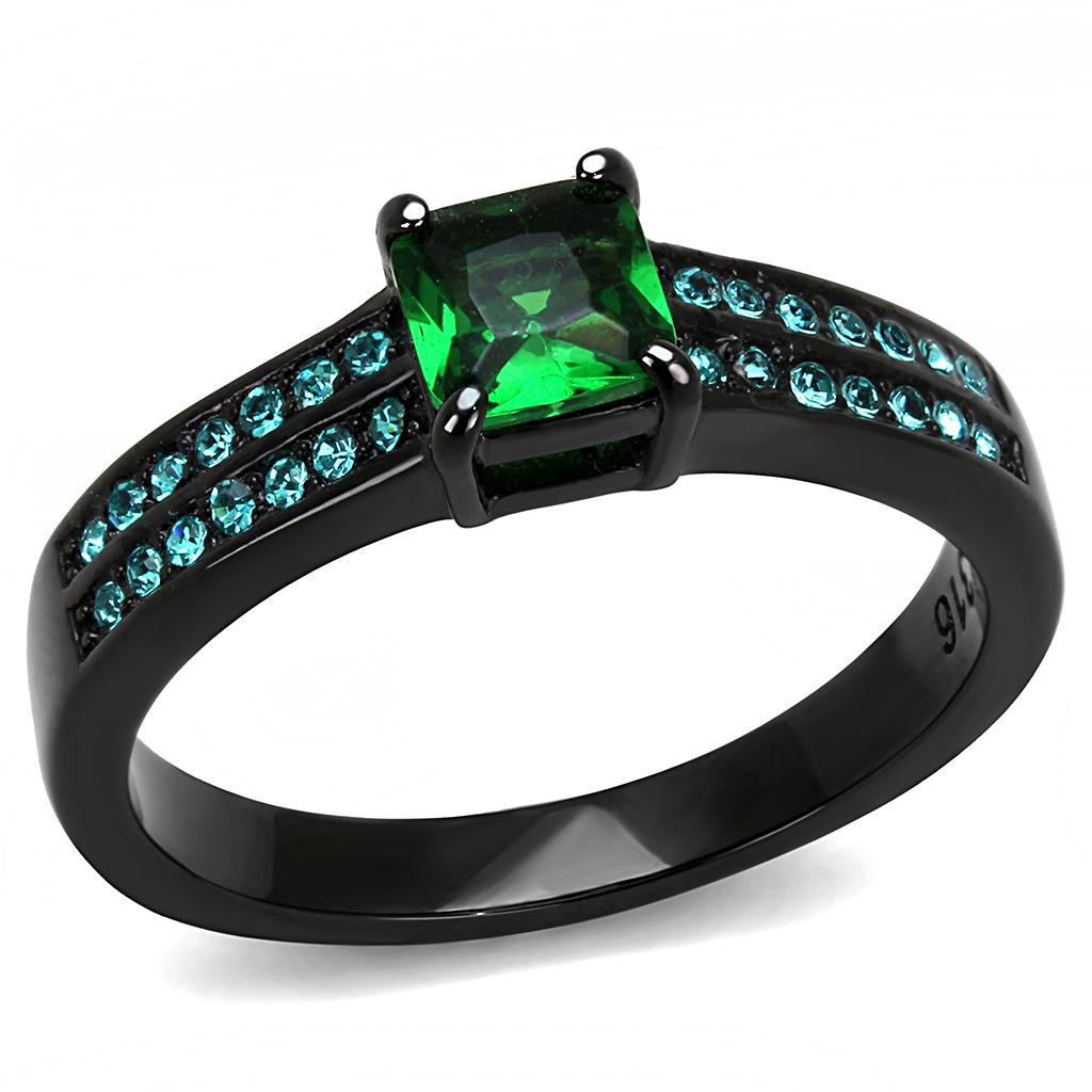 IP Black(Ion Plating) Stainless Steel Ring with Synthetic Synthetic Glass in Emerald