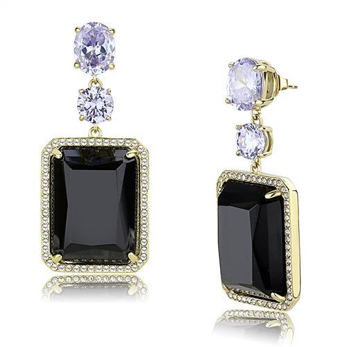 IP Gold(Ion Plating) Stainless Steel Earrings with Synthetic Synthetic Glass in Jet