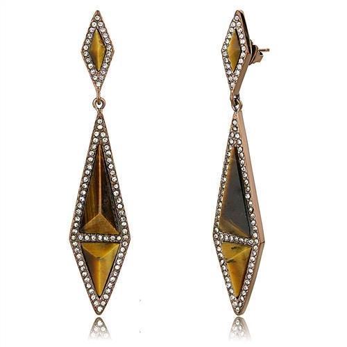 IP Coffee light Stainless Steel Earrings with Synthetic Tiger Eye in Topaz