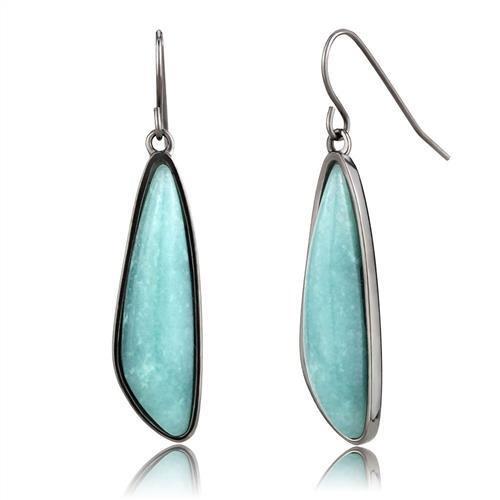 IP Light Black  (IP Gun) Stainless Steel Earrings with Semi-Precious Amazon Stone in Emerald