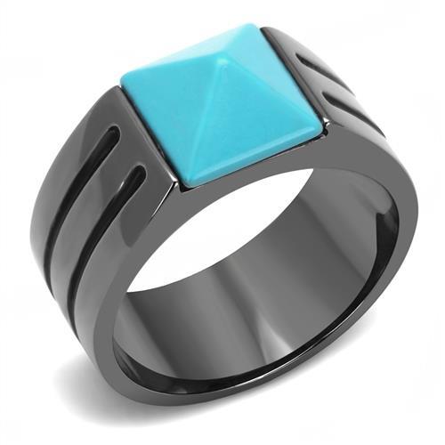 IP Light Black  (IP Gun) Stainless Steel Ring with Synthetic Turquoise in Sea Blue
