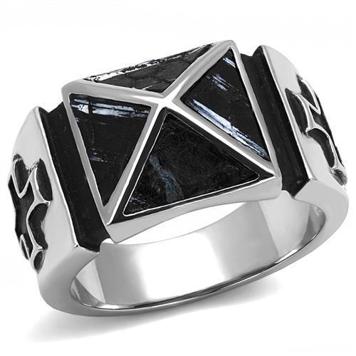 High polished (no plating) Stainless Steel Ring with Leather  in Jet