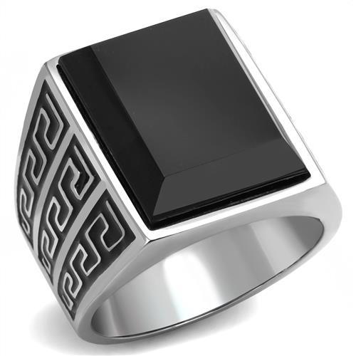 High polished (no plating) Stainless Steel Ring with Synthetic Onyx in Jet