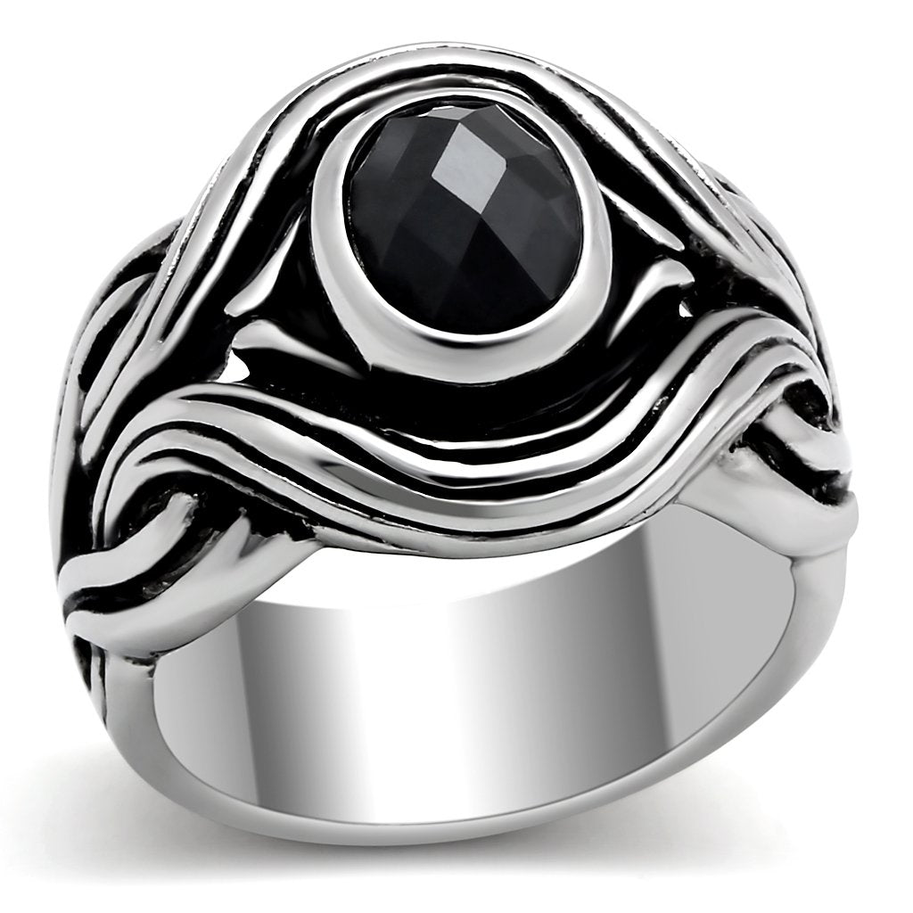 High polished (no plating) Stainless Steel Ring with AAA Grade CZ  in Jet