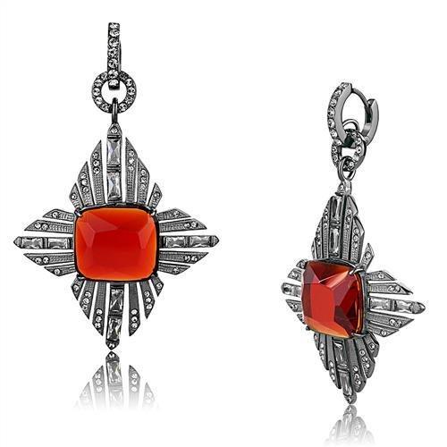 IP Light Black  (IP Gun) Stainless Steel Earrings with Synthetic Synthetic Glass in Orange