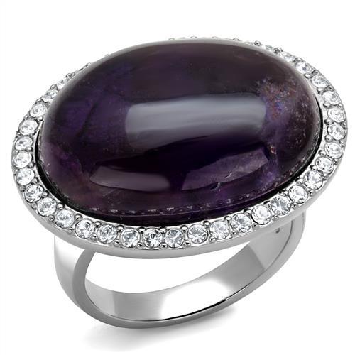 High polished (no plating) Stainless Steel Ring with Semi-Precious Amethyst Crystal in Amethyst
