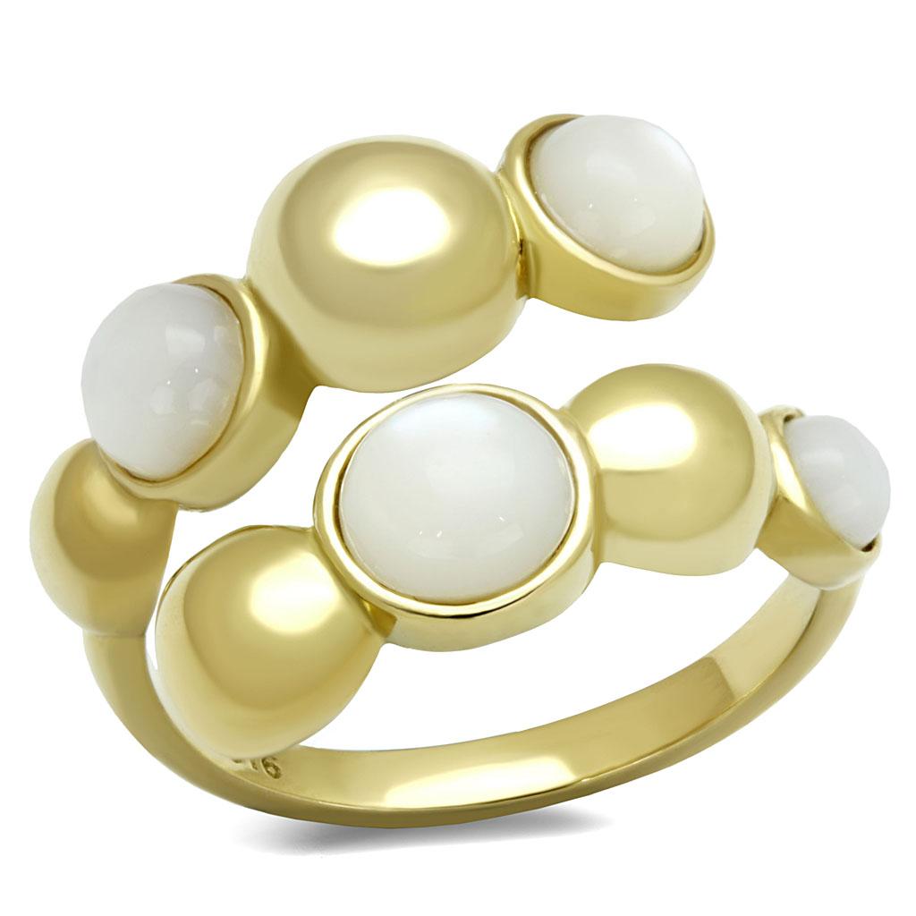 IP Gold(Ion Plating) Stainless Steel Ring with Semi-Precious Coral in Aurora Borealis (Rainbow Effect)
