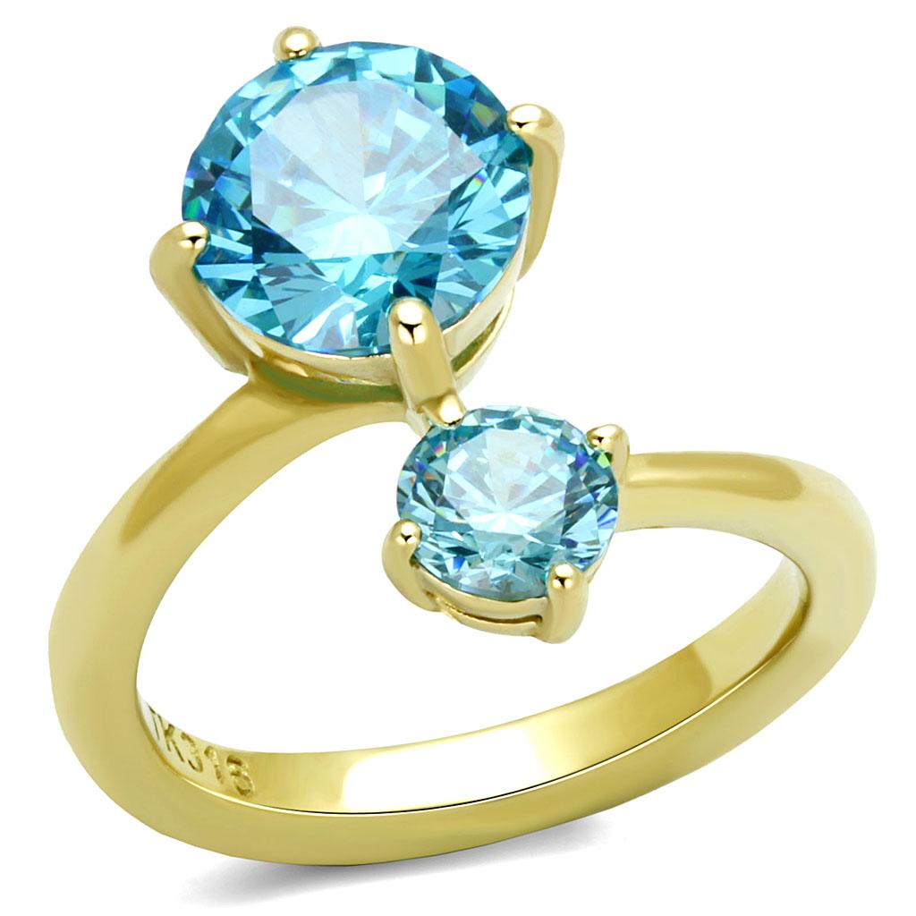 IP Gold(Ion Plating) Stainless Steel Ring with AAA Grade CZ  in Sea Blue
