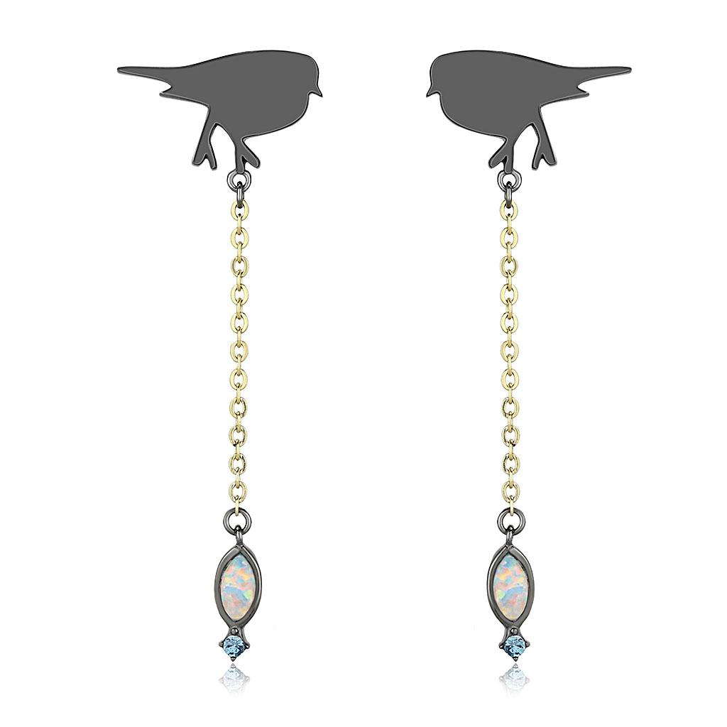 IP Gold+ IP Black (Ion Plating) Stainless Steel Earrings with Semi-Precious Opal in Aurora Borealis (Rainbow Effect)