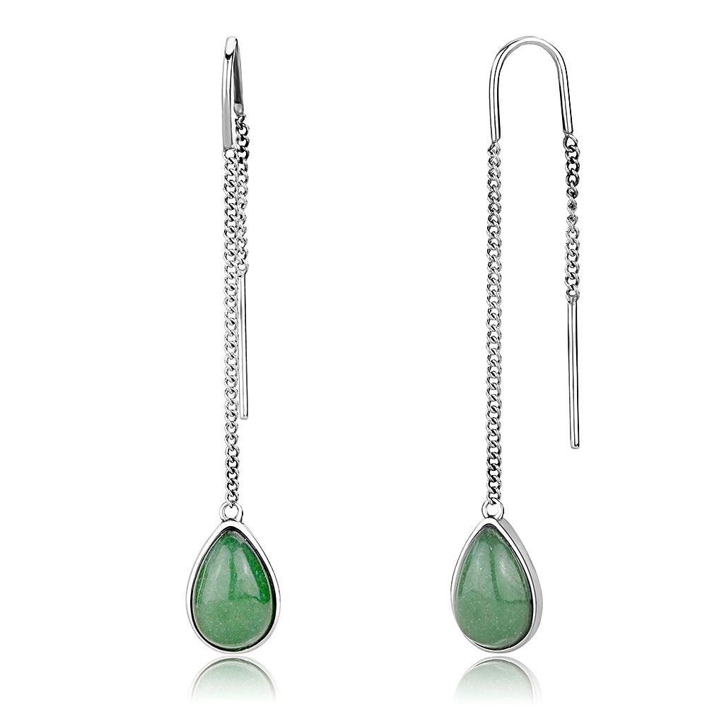 High polished (no plating) Stainless Steel Earrings with Semi-Precious Jade in Emerald
