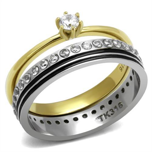 Two-Tone IP Gold (Ion Plating) Stainless Steel Ring with AAA Grade CZ  in Clear