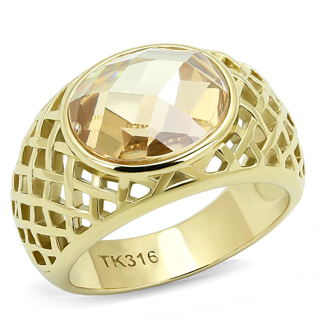 IP Gold(Ion Plating) Stainless Steel Ring with AAA Grade CZ  in Champagne