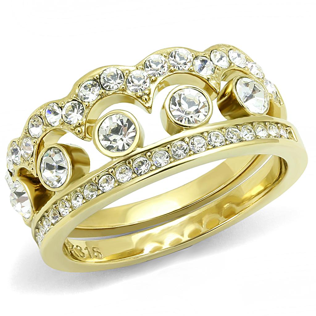 IP Gold(Ion Plating) Stainless Steel Ring with Top Grade Crystal  in Clear