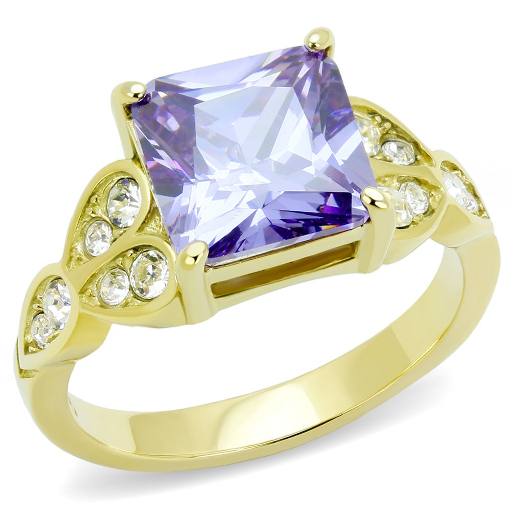 IP Gold(Ion Plating) Stainless Steel Ring with AAA Grade CZ  in Light Amethyst