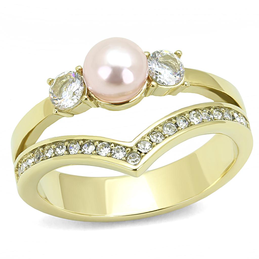 IP Gold(Ion Plating) Stainless Steel Ring with Synthetic Pearl in Rose