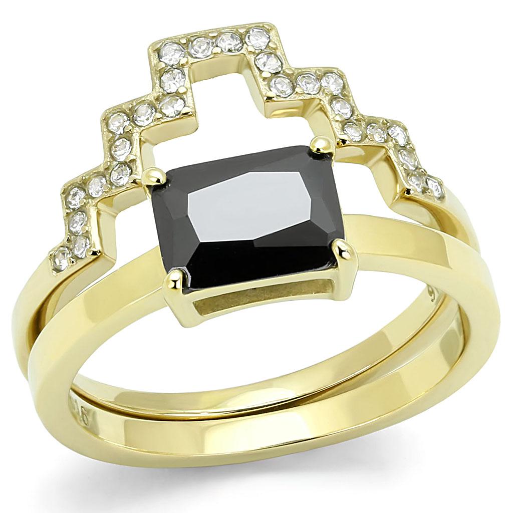 IP Gold(Ion Plating) Stainless Steel Ring with AAA Grade CZ  in Black Diamond