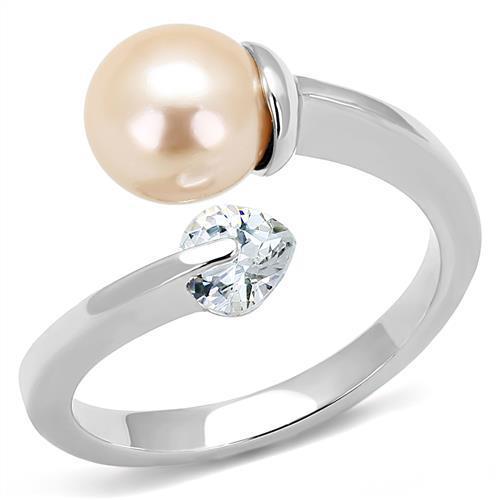 High polished (no plating) Stainless Steel Ring with Synthetic Pearl in Light Peach