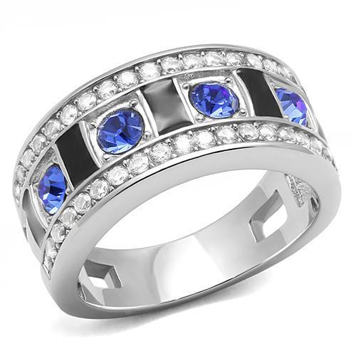 High polished (no plating) Stainless Steel Ring with Top Grade Crystal  in Sapphire