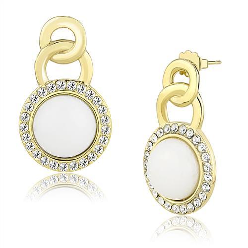 IP Gold(Ion Plating) Stainless Steel Earrings with Synthetic Jade in White