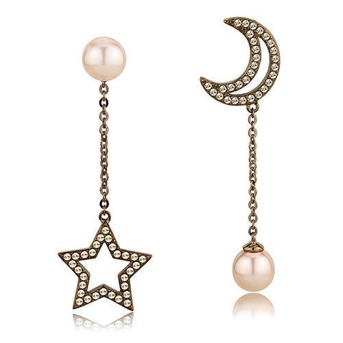 IP Coffee light Stainless Steel Earrings with Synthetic Pearl in Light Peach