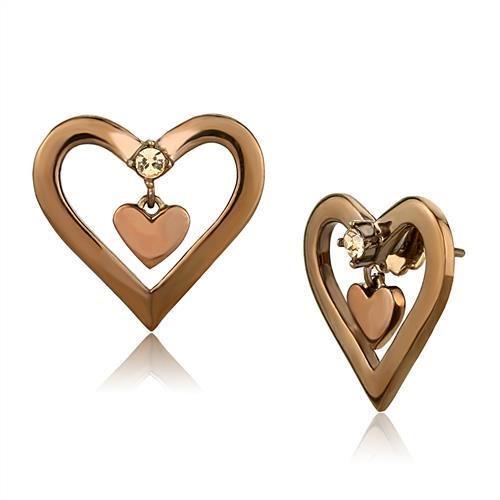 IP Rose Gold(Ion Plating) Stainless Steel Earrings with Top Grade Crystal  in Light Peach