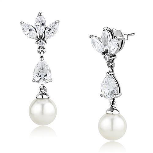 Rhodium Stainless Steel Earrings with Synthetic Pearl in White