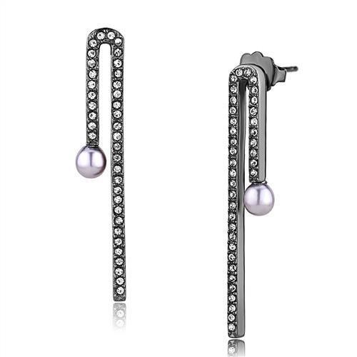 IP Light Black  (IP Gun) Stainless Steel Earrings with Synthetic Pearl in Light Amethyst