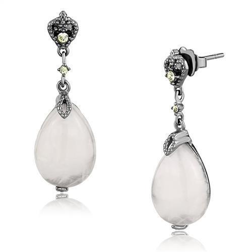 IP Light Black  (IP Gun) Stainless Steel Earrings with Precious Stone PINK CRYSTAL in Light Rose