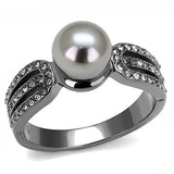 IP Light Black  (IP Gun) Stainless Steel Ring with Synthetic Pearl in Gray