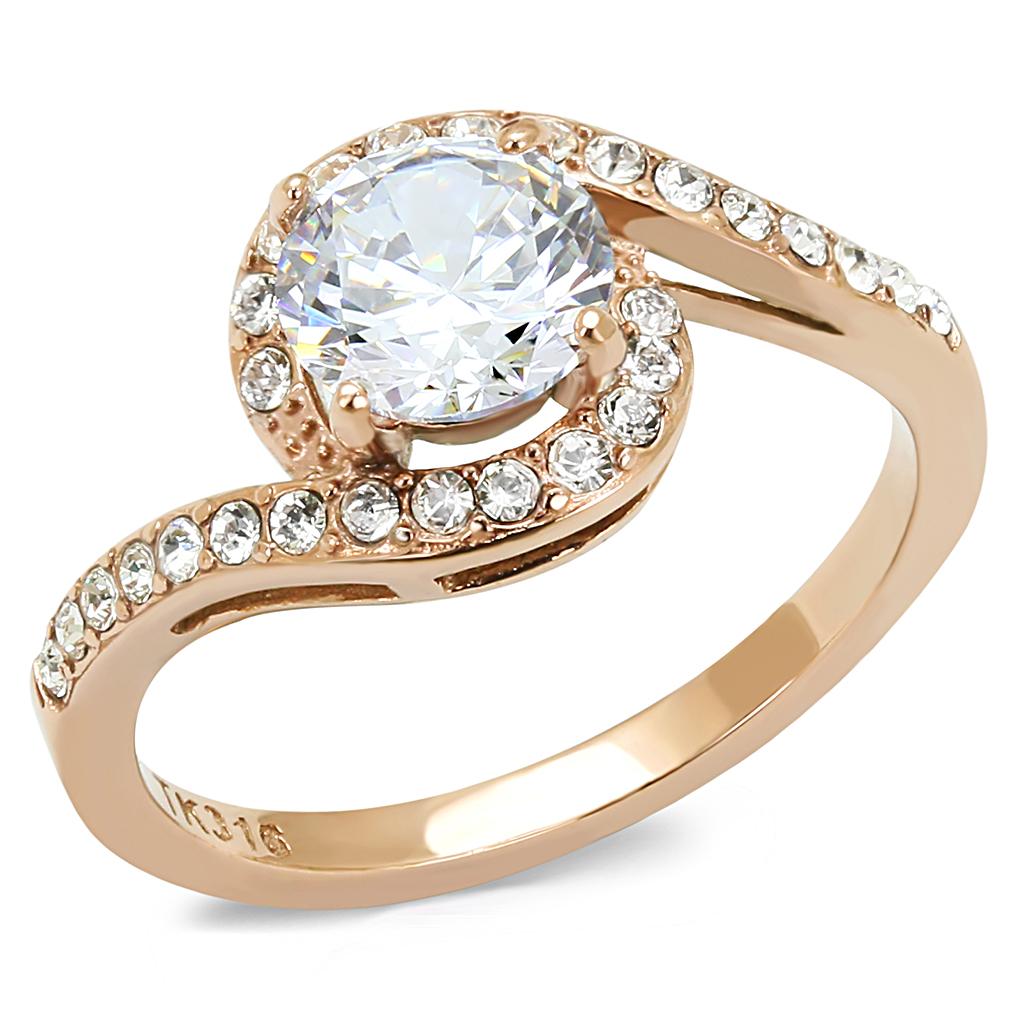 IP Rose Gold(Ion Plating) Stainless Steel Ring with AAA Grade CZ  in Clear