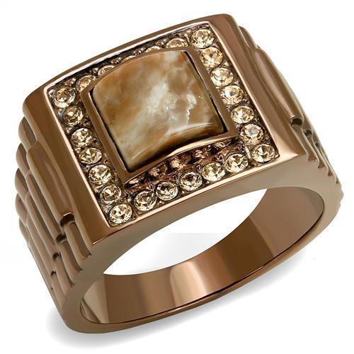IP Coffee light Stainless Steel Ring with Semi-Precious Rain Flower Stone in Brown