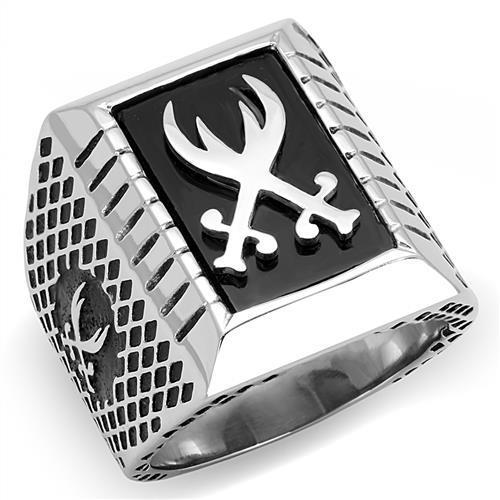 High polished (no plating) Stainless Steel Ring with Semi-Precious Onyx in Jet