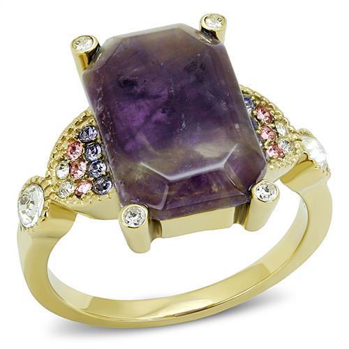 IP Gold(Ion Plating) Stainless Steel Ring with Semi-Precious Amethyst Crystal in Amethyst