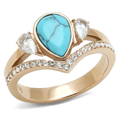 IP Rose Gold(Ion Plating) Stainless Steel Ring with Synthetic Turquoise in Sea Blue