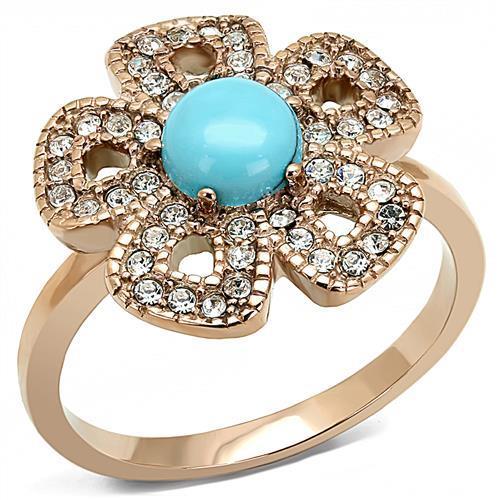 IP Rose Gold(Ion Plating) Stainless Steel Ring with Synthetic Turquoise in Sea Blue
