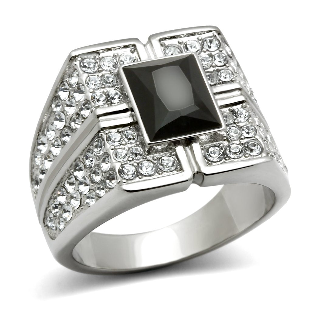 High polished (no plating) Stainless Steel Ring with Synthetic Synthetic Glass in Jet