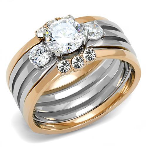 Two-Tone IP Rose Gold Stainless Steel Ring with AAA Grade CZ  in Clear