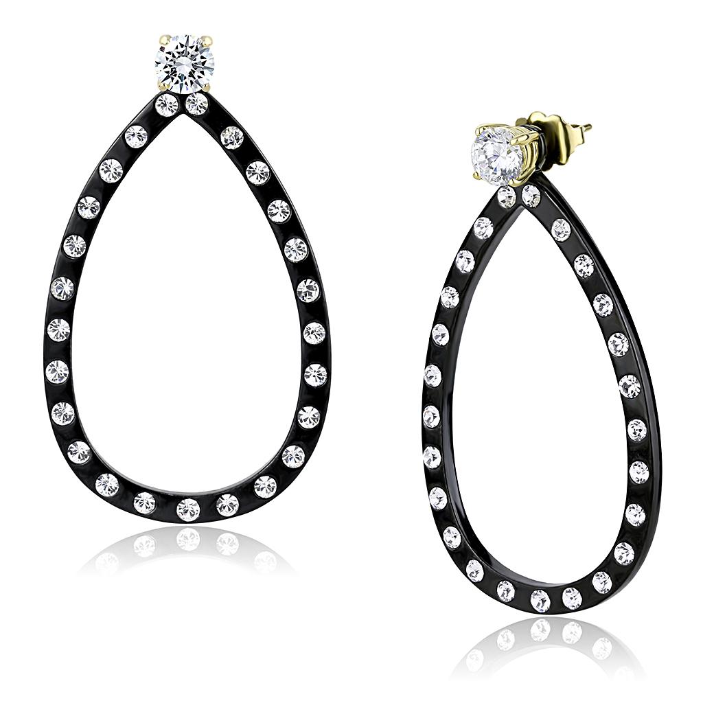 IP Gold+ IP Black (Ion Plating) Stainless Steel Earrings with AAA Grade CZ  in Clear